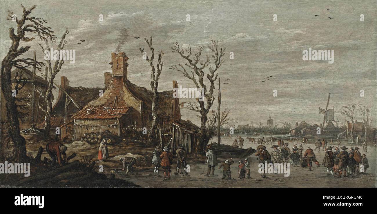 A winter landscape with skaters, elegant figures and kolf players on the ice in a village circa 1625 by Jan van Goyen Stock Photo