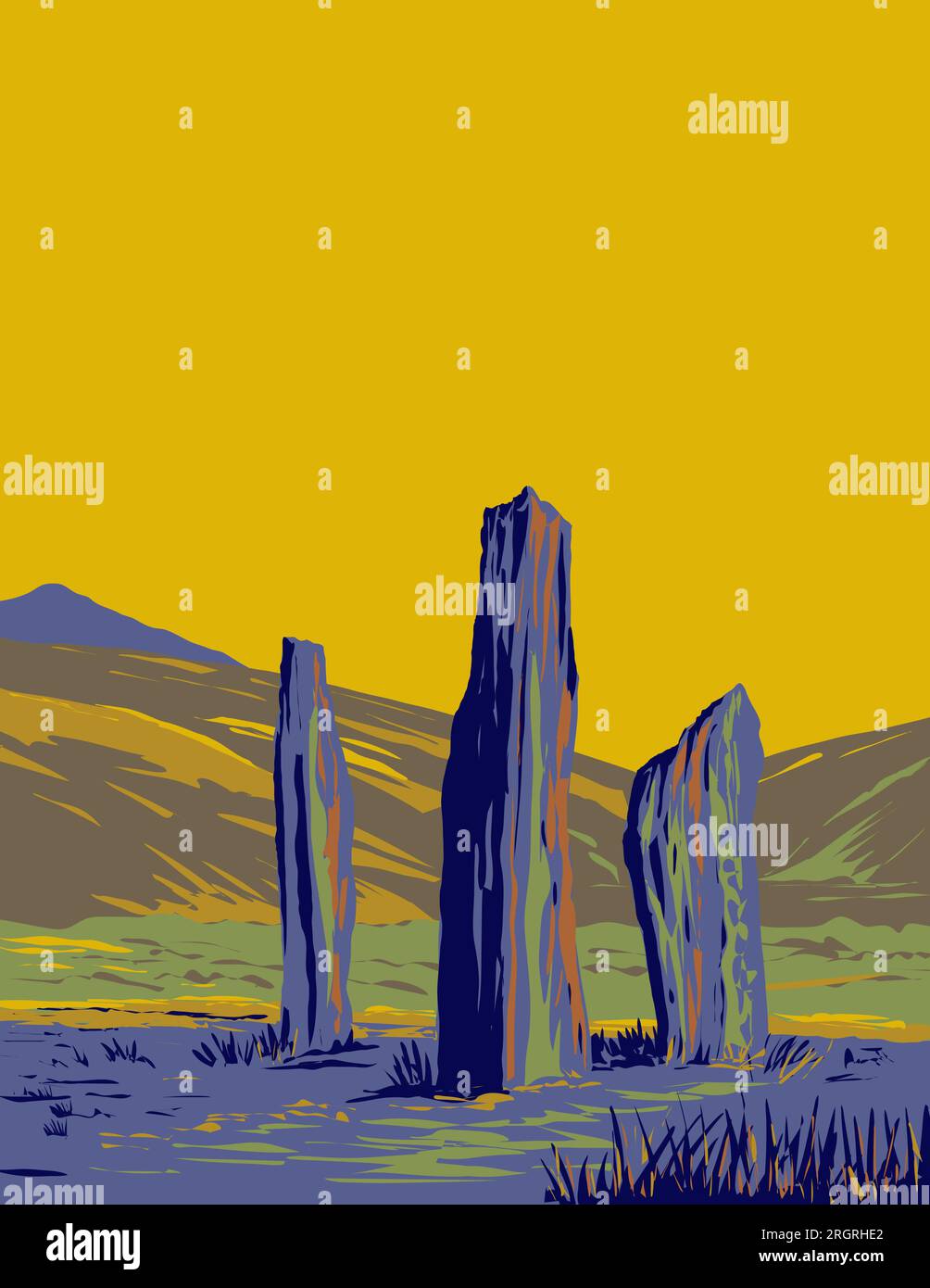WPA poster art of the Standing Stones on Machrie Moor in the Isle of Arran in Scotland done in works project administration or federal art project sty Stock Photo