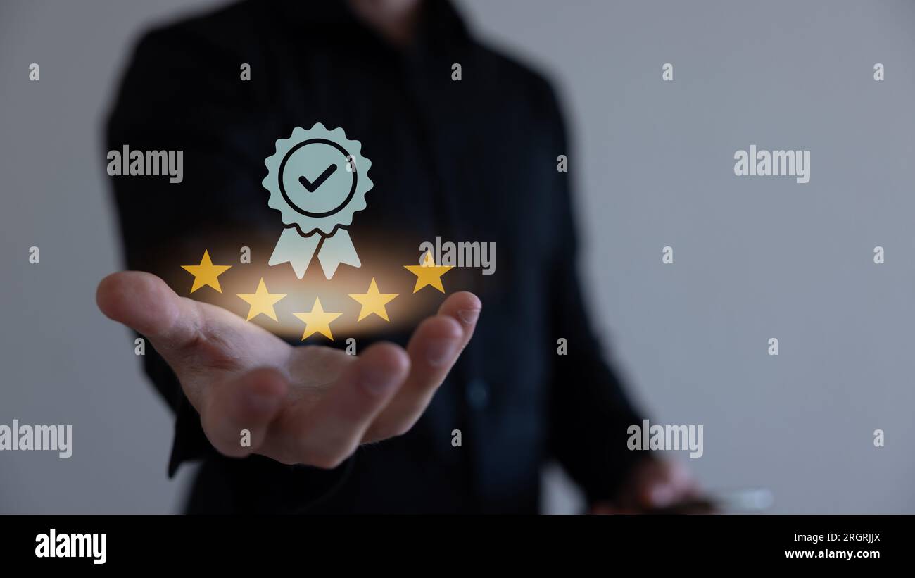 Hand shows the sign service Quality assurance 5 star, Guarantee