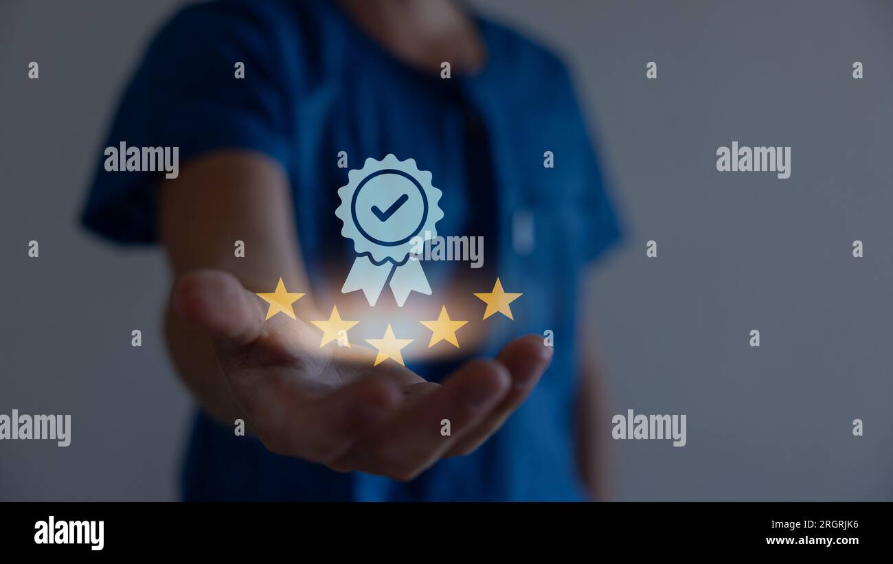 Hand shows the sign service Quality assurance 5 star, Guarantee