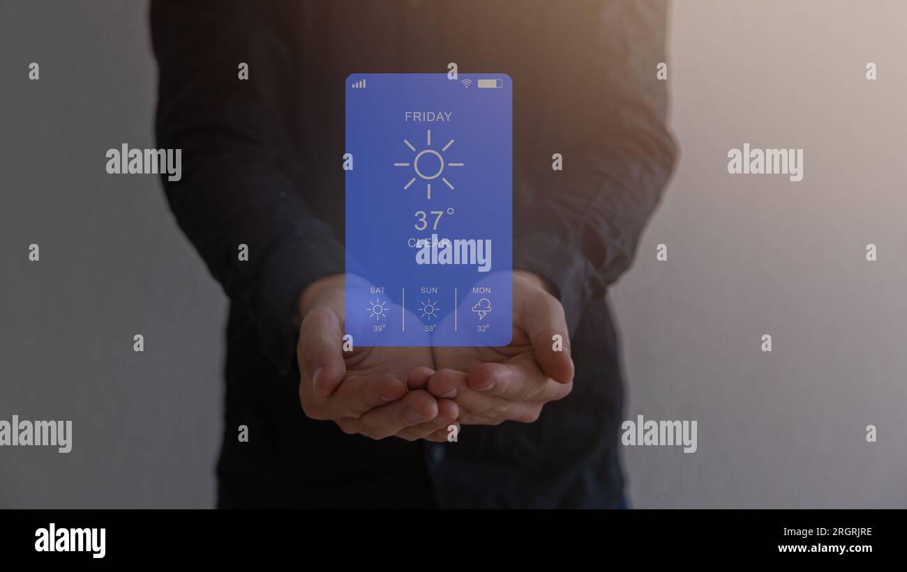Weather forecast on smartphone. Weather forecast display app on Sunday