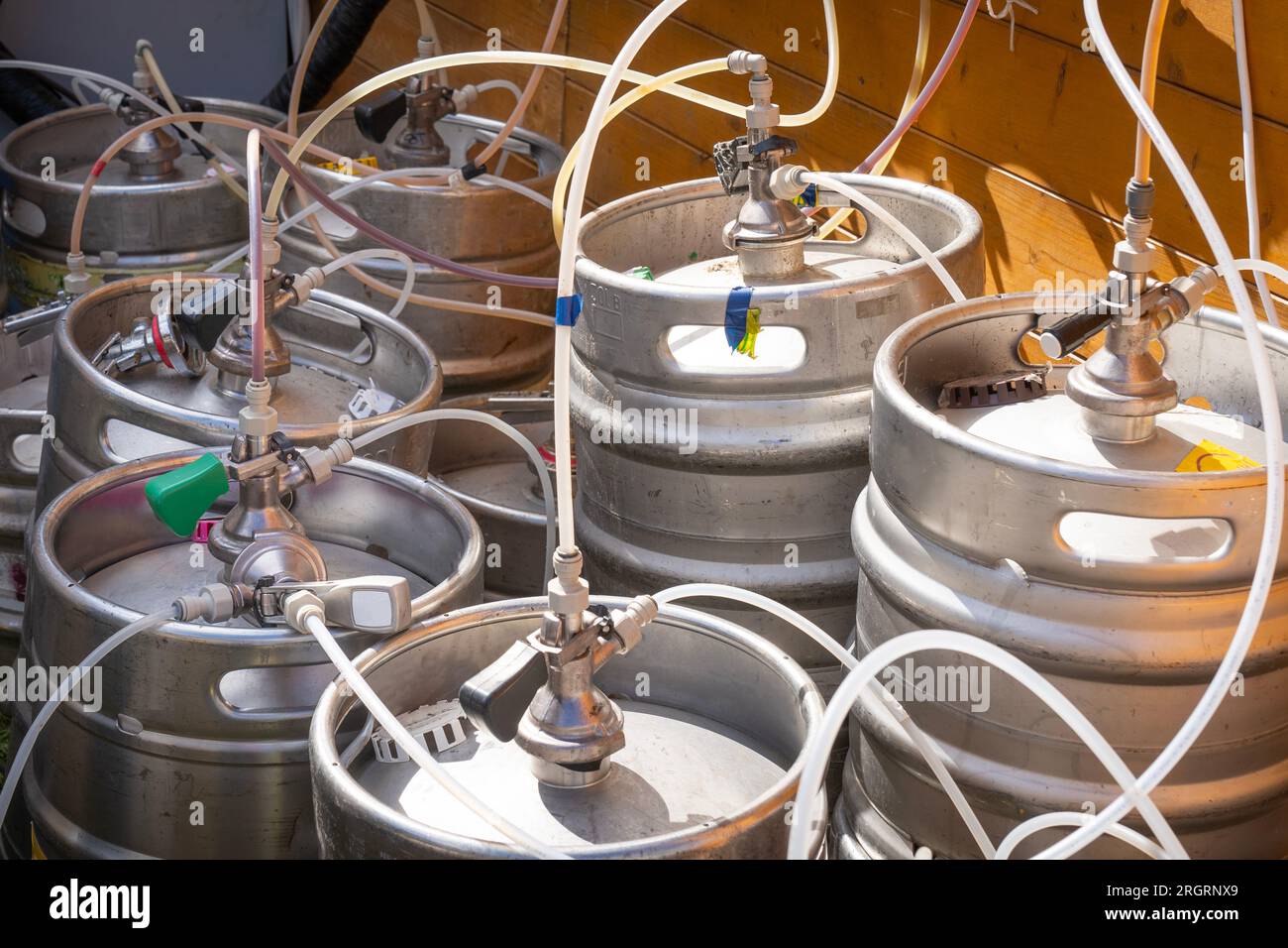 Metal modern beer kegs at a festival Stock Photo Alamy