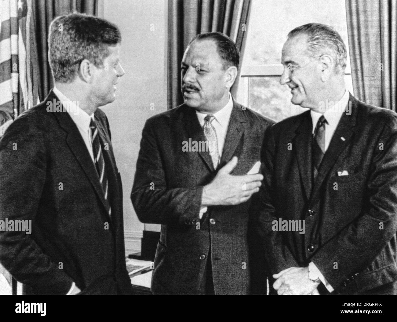 Washington, D.C.:  July 13, 1961 President Kennedy and Vice President Lyndon Johnson with Pakistan President Mohammad Ayub Khan at the White House at the conclusion of three days of talks. Stock Photo