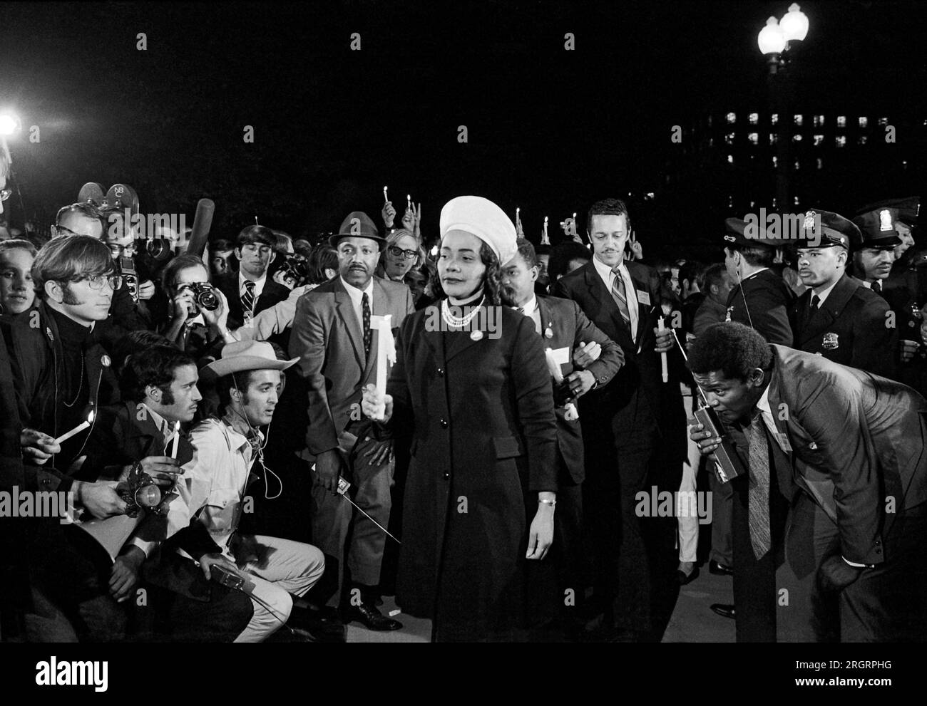 Washington, D.C.,   October 15, 1969 Coretta Scott King holding a candle and leading a march at night to the White House as part of the Moratorium to End the War in Vietnam. Stock Photo
