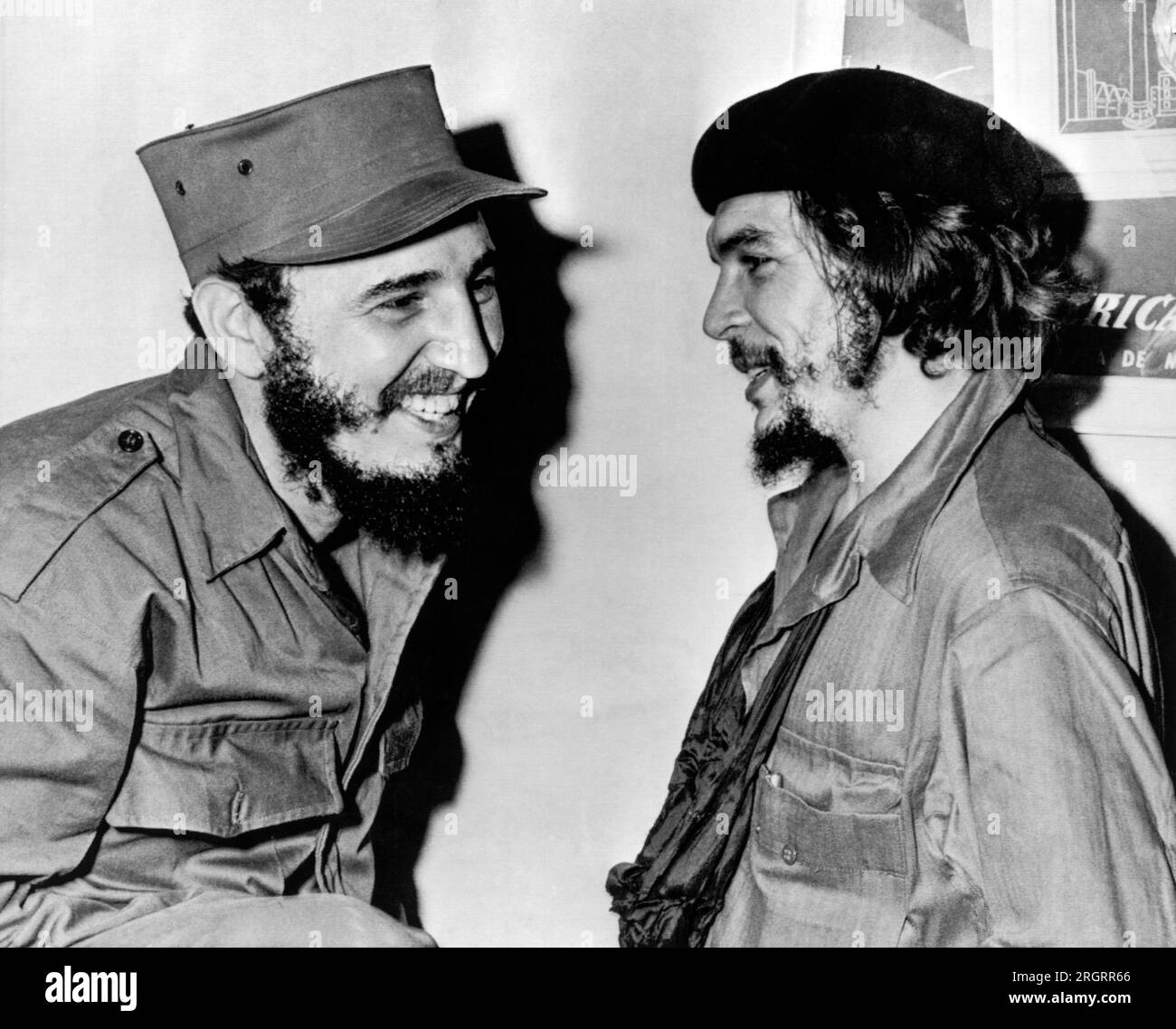 Cuba:  1959 Cuban Premier Fidel Castro and second in command Ernesto (Che) Guevara share a light hearted moment. Stock Photo