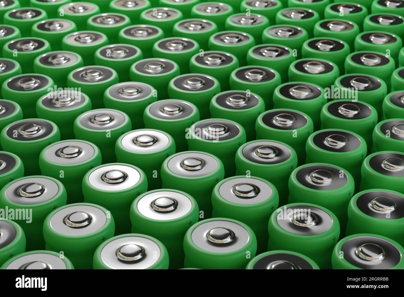 Arrangement of green lithium batteries. 3d illustration. Stock Photo