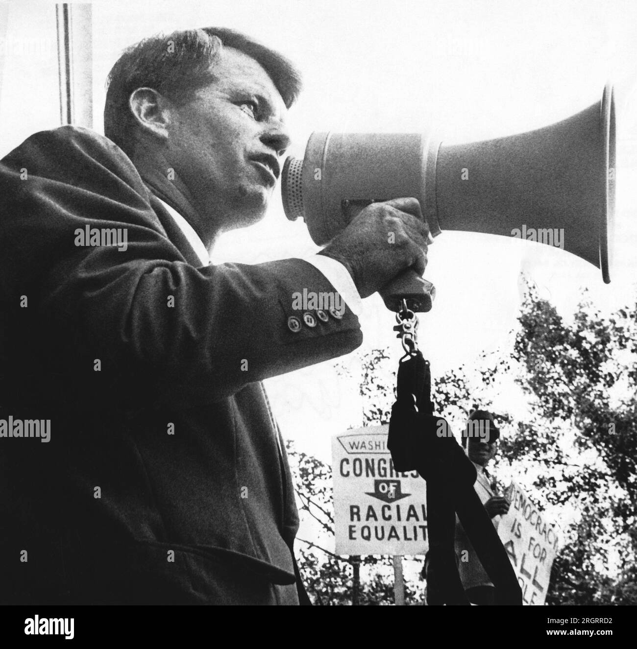 Washington, D.C.:  June 14, 1963 Attorney General Robert Kennedy addresses civil rights demonstrators in front of the Justice Deaprtment today. Stock Photo