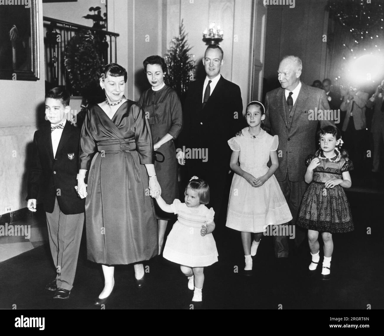 Washington, D.C.:  December, 1957 The Eisenhower family celebrating Christmas at the White House. Stock Photo
