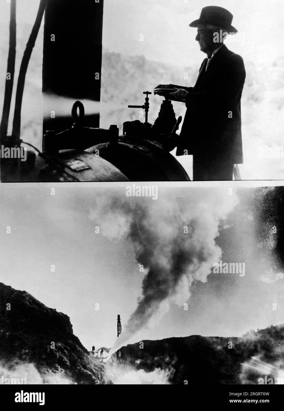 Sonoma County, California:  March 10, 1925 In the upper photograph, Luther Burbank turns on a steam turbine electro generator, and in the bottom one a jet of steam is shooting from a five inch gate valve. The system has been piped to furnish heat, hot water and steam powered electricity for nearby residents and resorts. Stock Photo