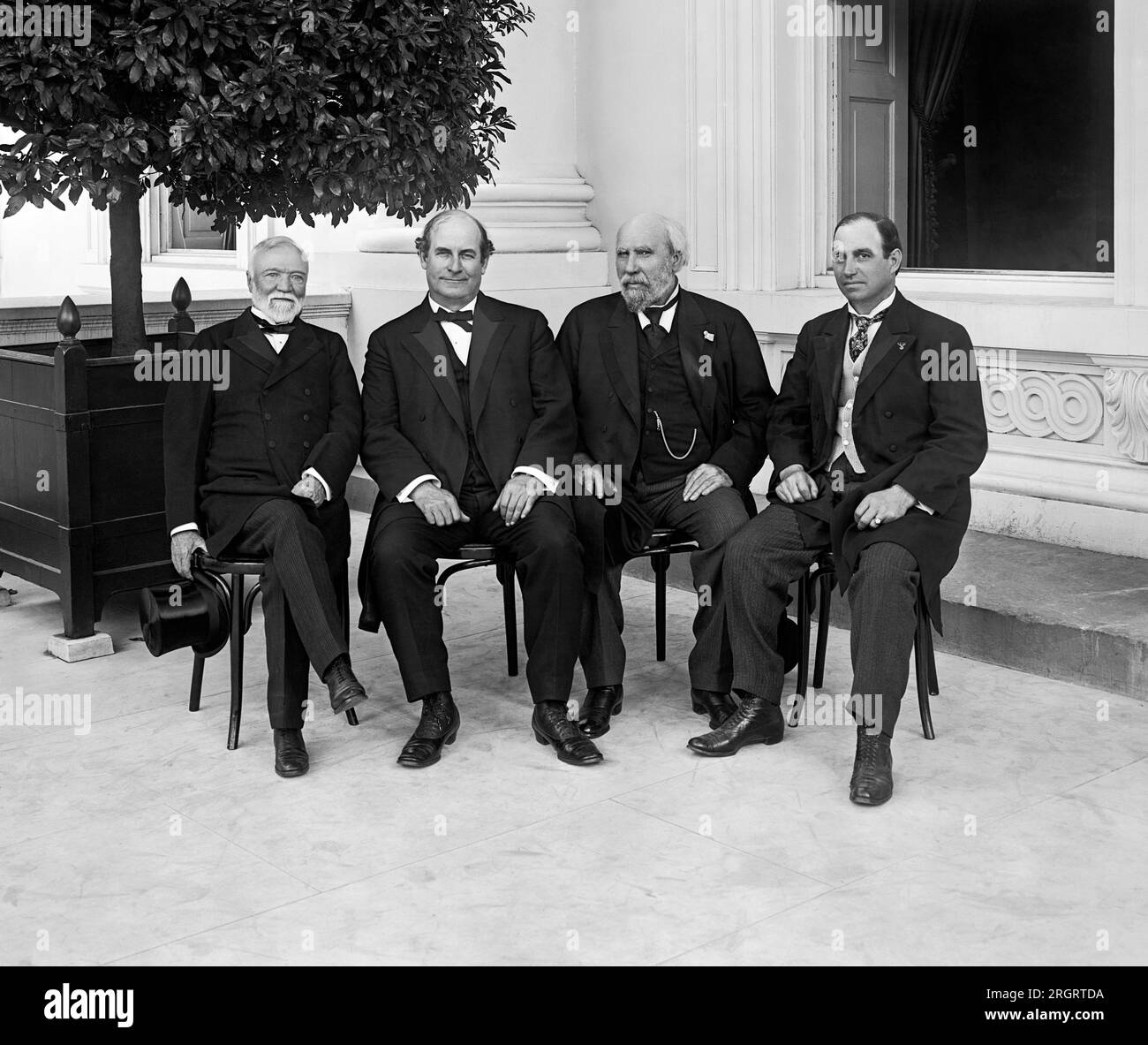 Washington, D.C.:  May, 1908 L-R: Andrew Carnegie, William Jennings Bryan, James J. Hill (Railroad Magnate), and John Mitchell (President of United Mine Workers). They were invited by Teddy Roosevelt to attend the Governors Converence where they discussed his ideas for nationwide conservation. Stock Photo