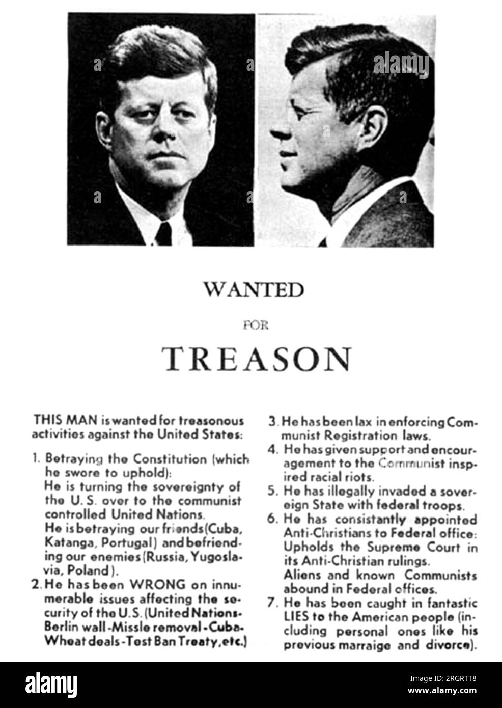 Dallas, Texas:  November 21, 1963 A famous handbill circulated in Dallas the day before President Kennedy was assassinated. Stock Photo