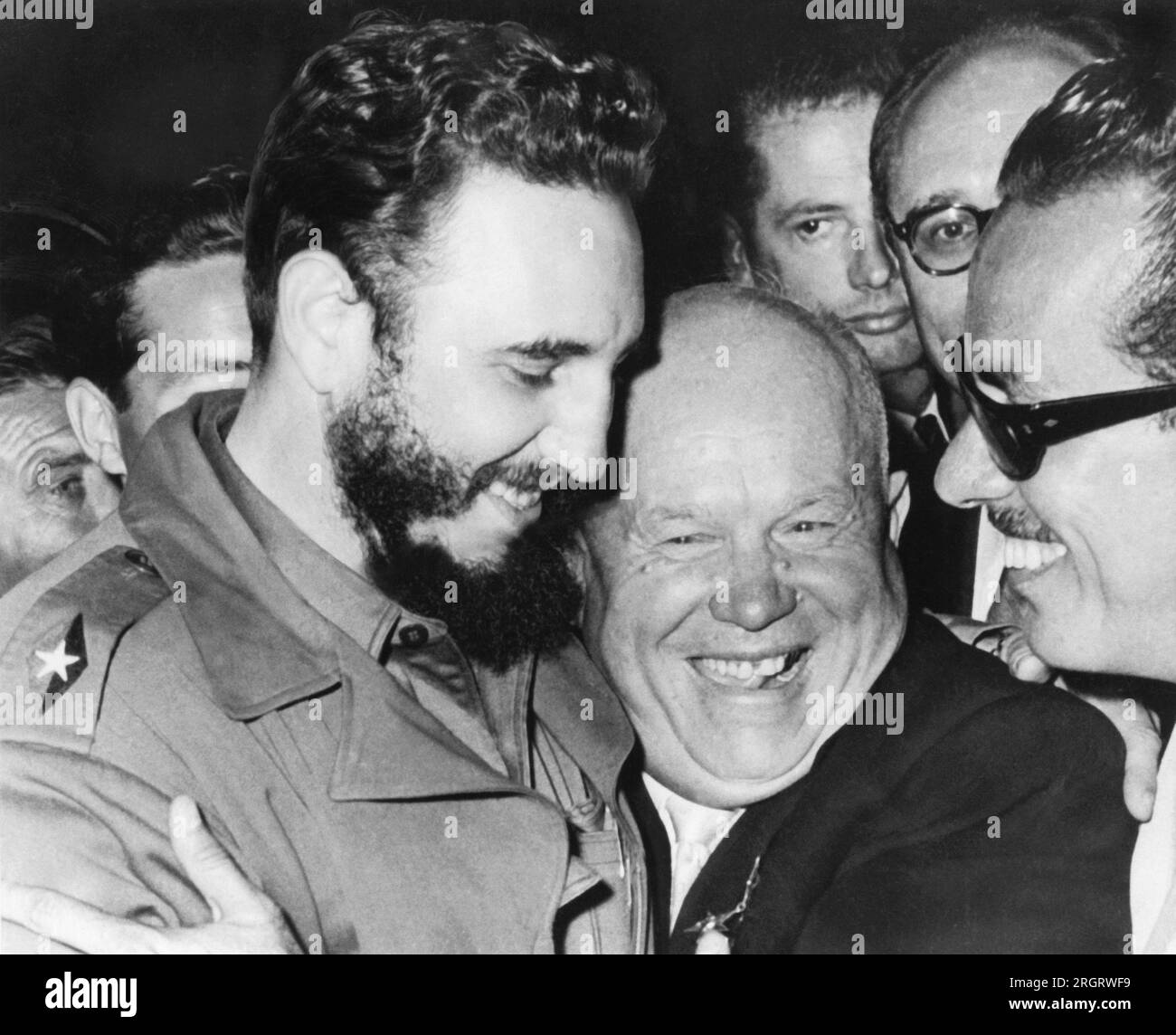 New York, New York:  September 20, 1960 A jovial greeting takes place between Cuba's Prime MInister Fidel Castro and Soviet Union's Premier Nikita Khrushchev when they met at the United Nations today. Stock Photo