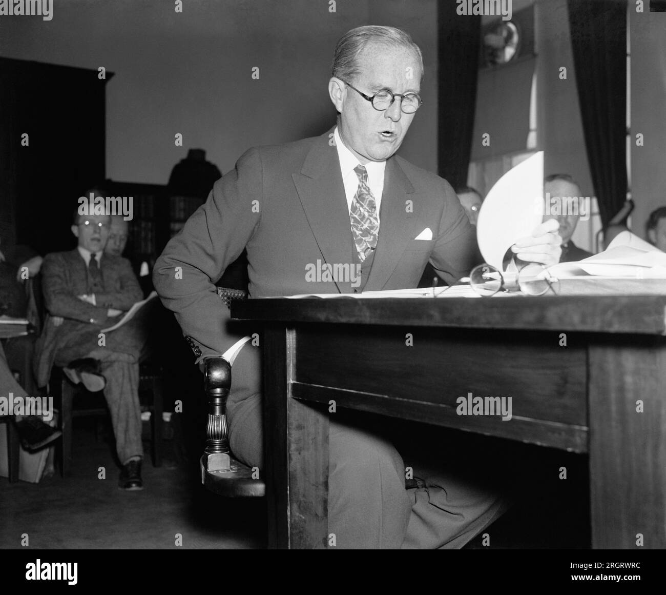 Washington, D.C.:  December 3, 1937  Joseph P. Kennedy, Chairman of the U.S. Maritime Commission, as he recently appeared before a Congressional committee. Stock Photo