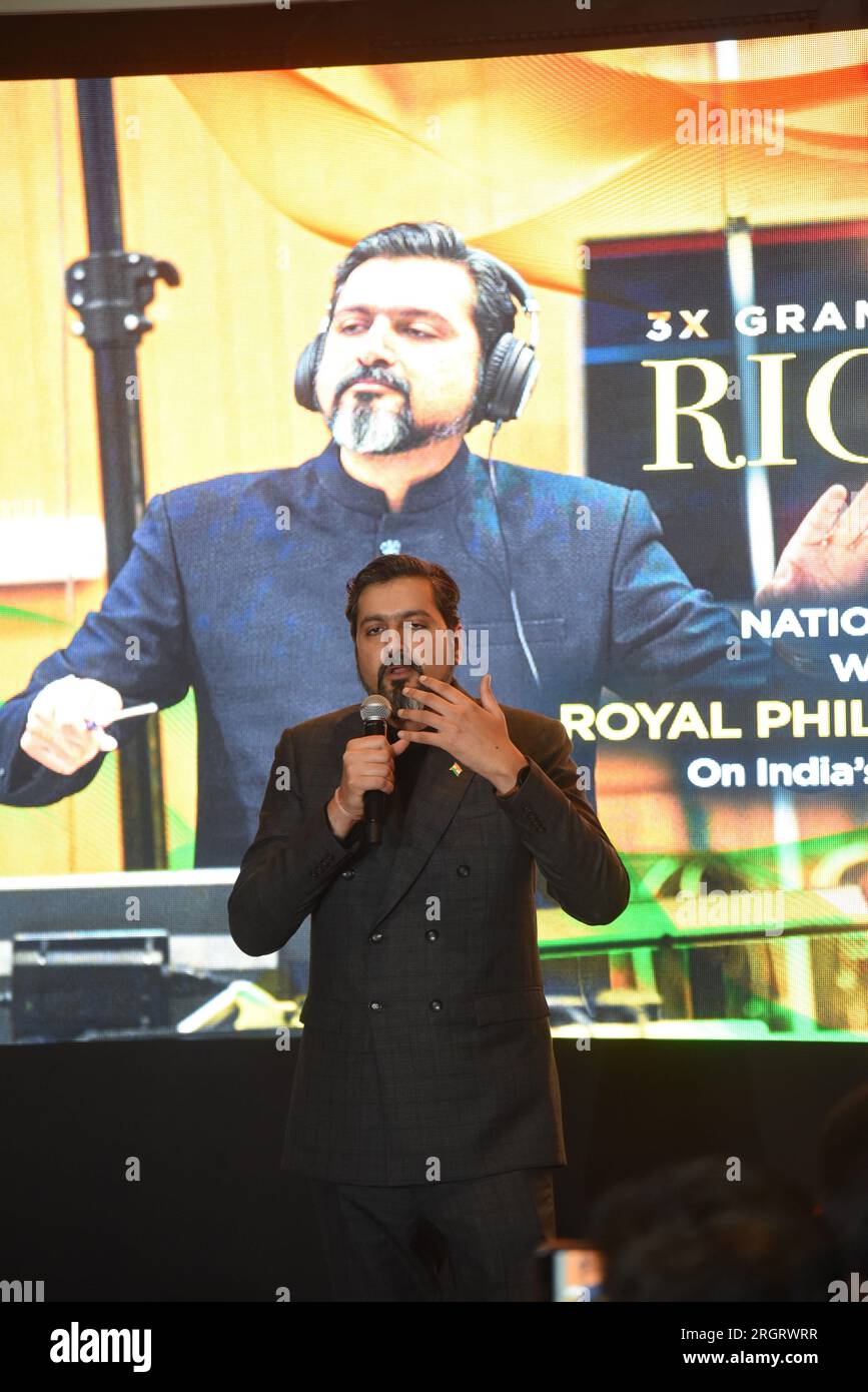 August 11, 2023, New Delhi, India: Ricky Kej, a three-time Grammy Award-winning and thrice Grammy nominated Indian music composer and environmentalist during s media interaction about his collaboration to perform the national anthem of India ''Jana Gana Mana'' with the Royal Philharmonic Orchestra consisting of 100-member set of musicians to mark the 76th Independence day of the country. (Credit Image: © Sondeep Shankar/Pacific Press via ZUMA Press Wire) EDITORIAL USAGE ONLY! Not for Commercial USAGE! Stock Photo