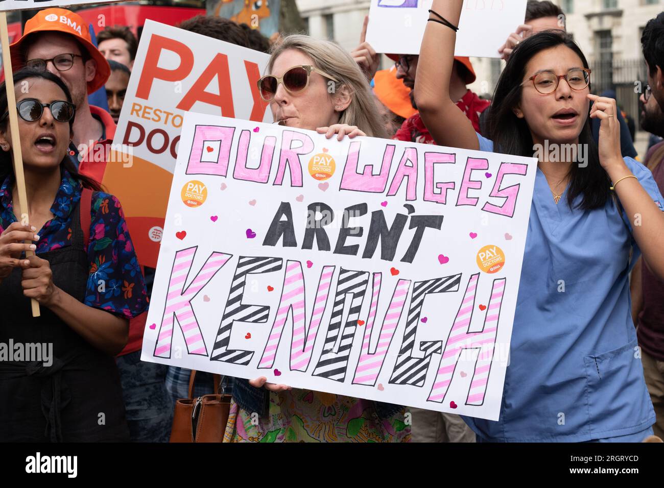 London, UK. 11 August, 2023. Junior doctors working for the NHS in England stage a 'Pay Restoration' rally in Whitehall on the first day of a four day strike seeking fair pay. Credit: Ron Fassbender/Alamy Live News Stock Photo