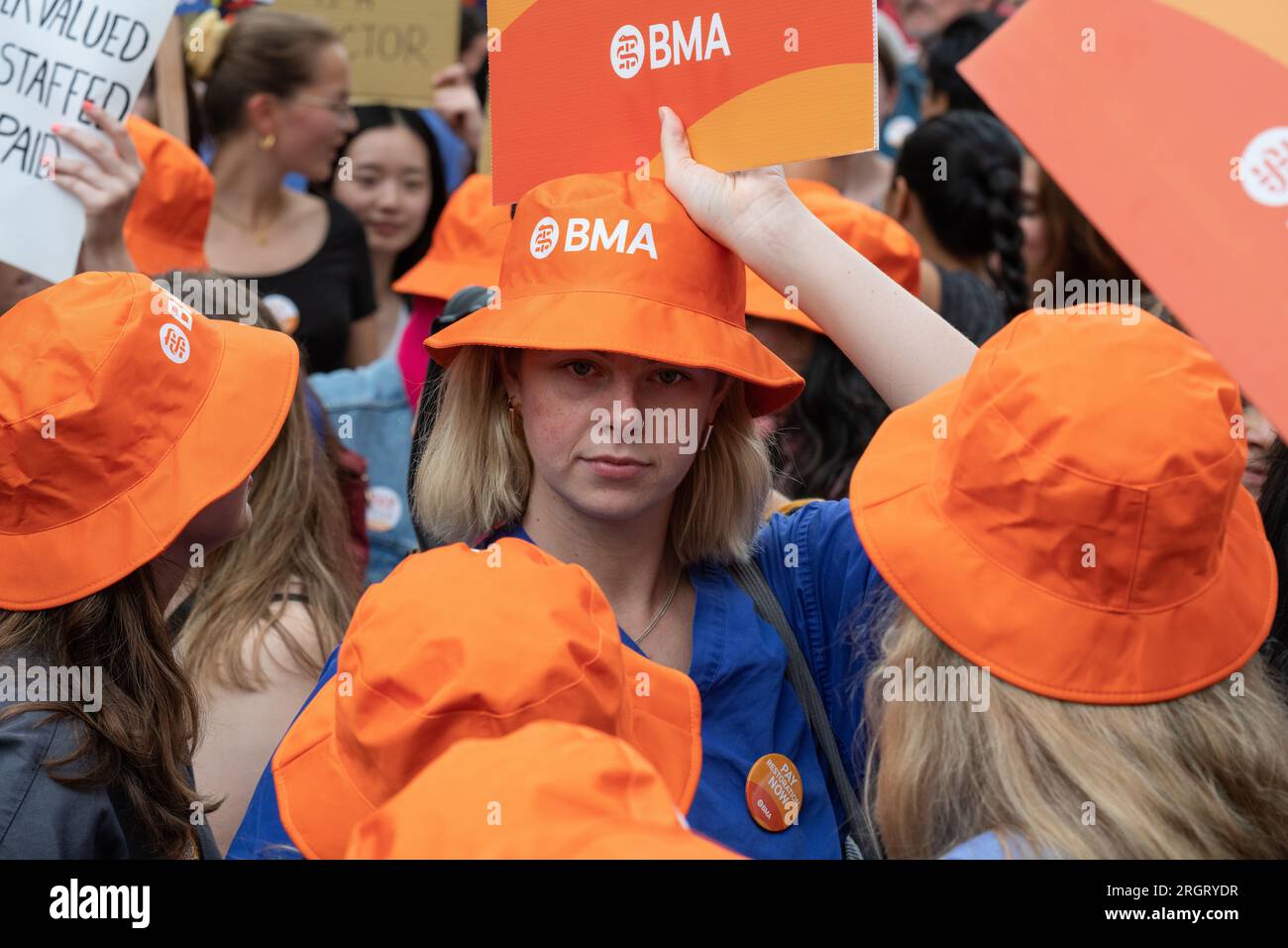 London, UK. 11 August, 2023. Junior doctors working for the NHS in England stage a 'Pay Restoration' rally in Whitehall on the first day of a four day strike seeking fair pay. Credit: Ron Fassbender/Alamy Live News Stock Photo