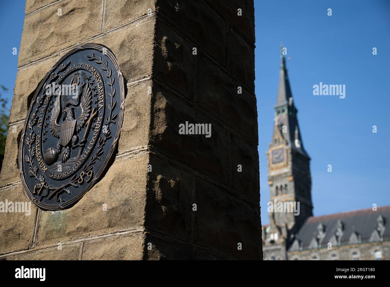 Washington, USA. 11th Aug, 2023. A general view of the Georgetown University seal on campus, in Washington, DC, on Friday, August 11, 2023. (Graeme Sloan/Sipa USA) Credit: Sipa USA/Alamy Live News Stock Photo