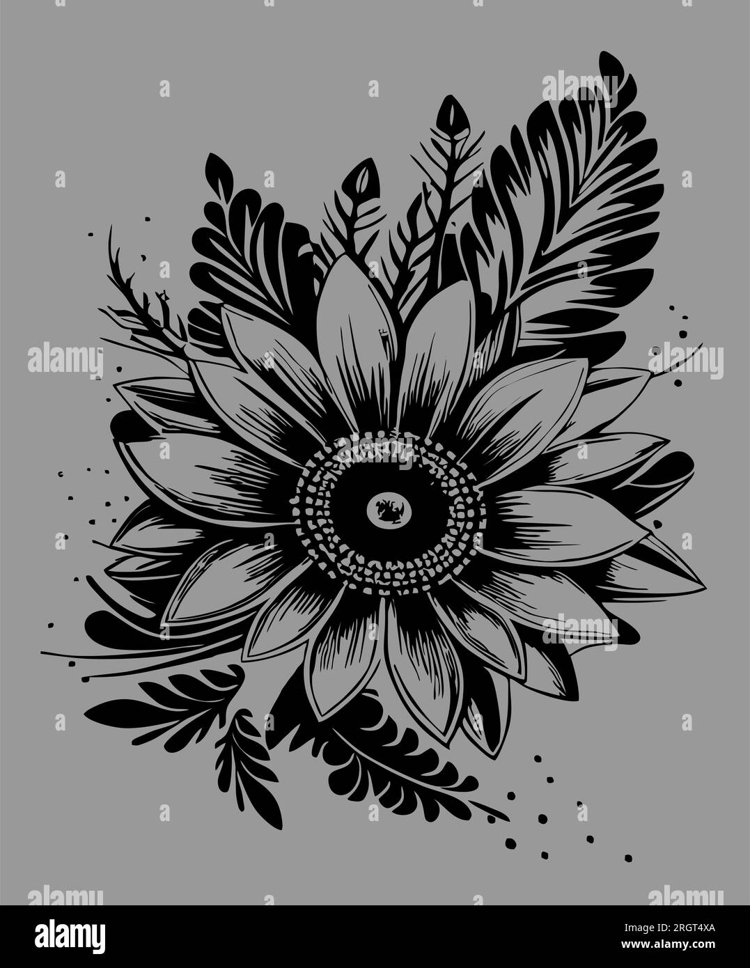 black graphic drawing of a bouquet of flowers on a gray background ...