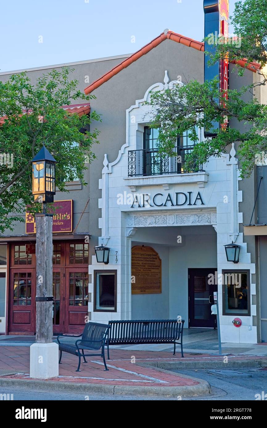 Historic Arcadia  theatre  renovated to original 1926 Spanish style  for housing performing arts in downtown Kerrville Stock Photo