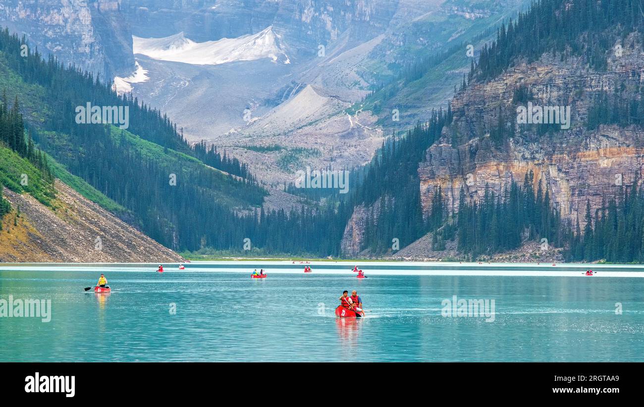 Located within Banff National Park in the Canadian Rocky Mountains, Lake Louise known for its turquoise, glacier-fed lake and is visited by thousands Stock Photo