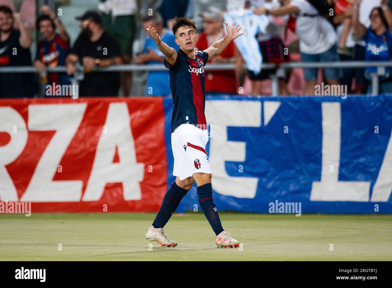 Bologna, Italy. 11 August 2023. Tommaso Corazza of Bologna FC celebrates after scoring a goal during the Coppa Italia Frecciarossa football match between Bologna FC and Cesena FC. Credit: Nicolò Campo/Alamy Live News Stock Photo