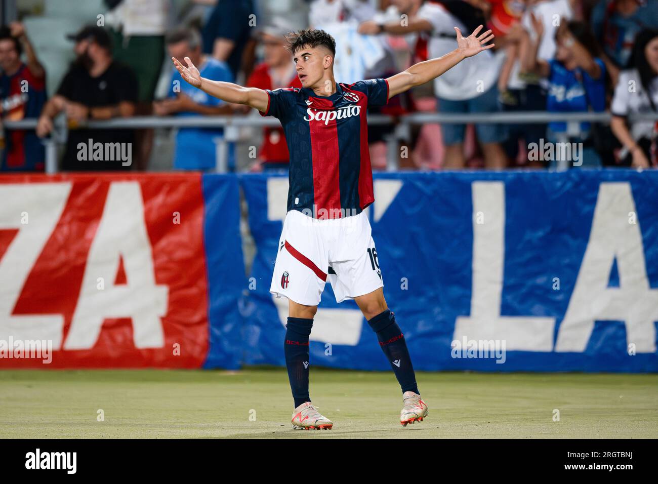 Bologna, Italy. 11 August 2023. Tommaso Corazza of Bologna FC celebrates after scoring a goal during the Coppa Italia Frecciarossa football match between Bologna FC and Cesena FC. Credit: Nicolò Campo/Alamy Live News Stock Photo