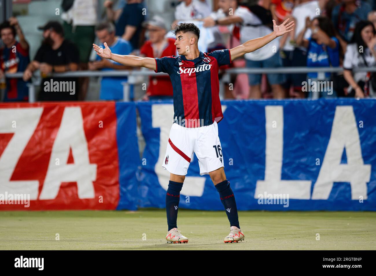 Bologna, Italy. 11 August 2023. Tommaso Corazza of Bologna FC celebrates after scoring a goal during the Coppa Italia Frecciarossa football match between Bologna FC and Cesena FC. Credit: Nicolò Campo/Alamy Live News Stock Photo