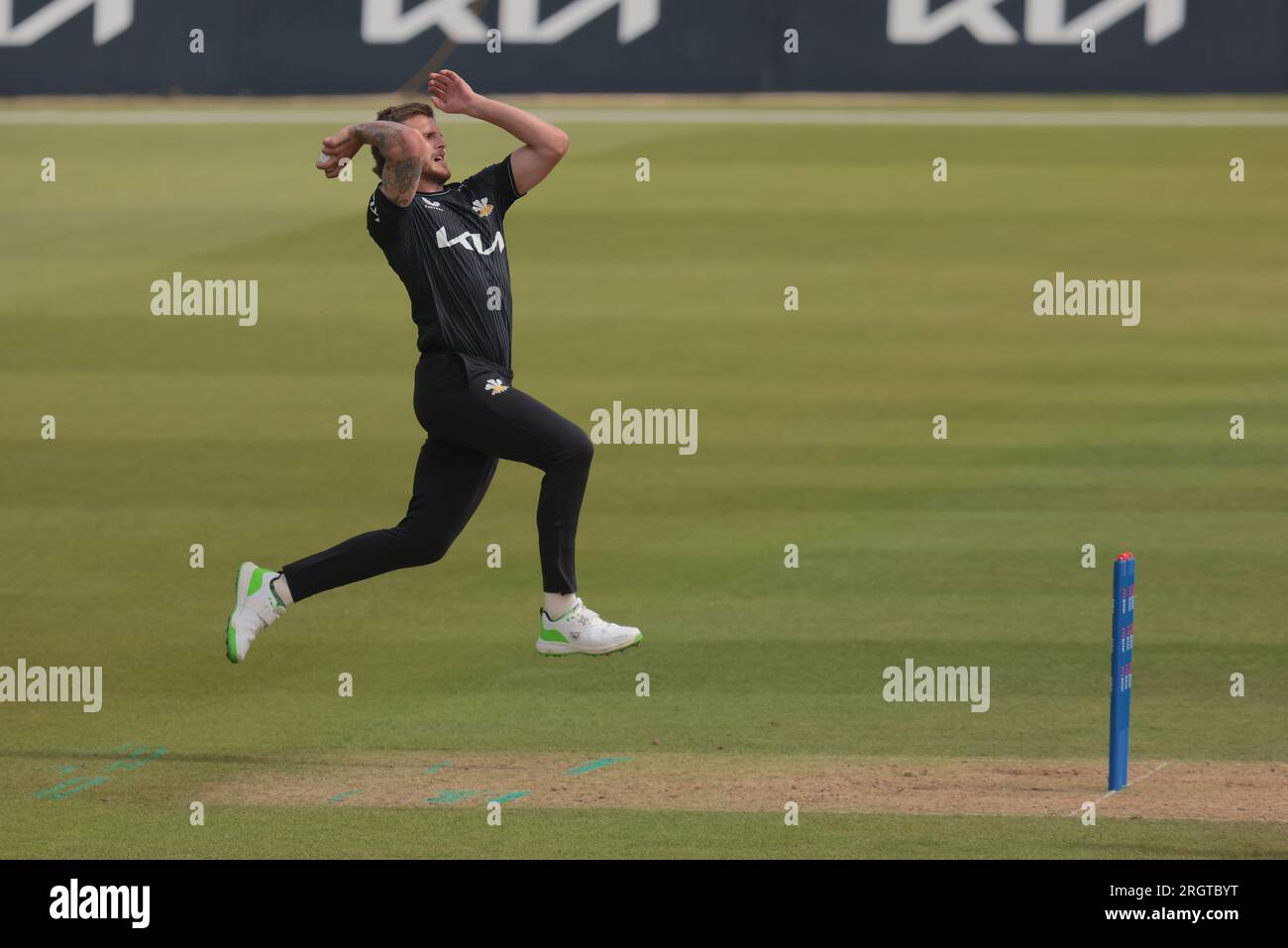 London, UK. 11th Aug, 2023. Surrey's Conor McKerr bowling as Surrey take on Kent in the Metro Bank One-Day Cup at the Kia Oval. Credit: David Rowe/Alamy Live News Stock Photo
