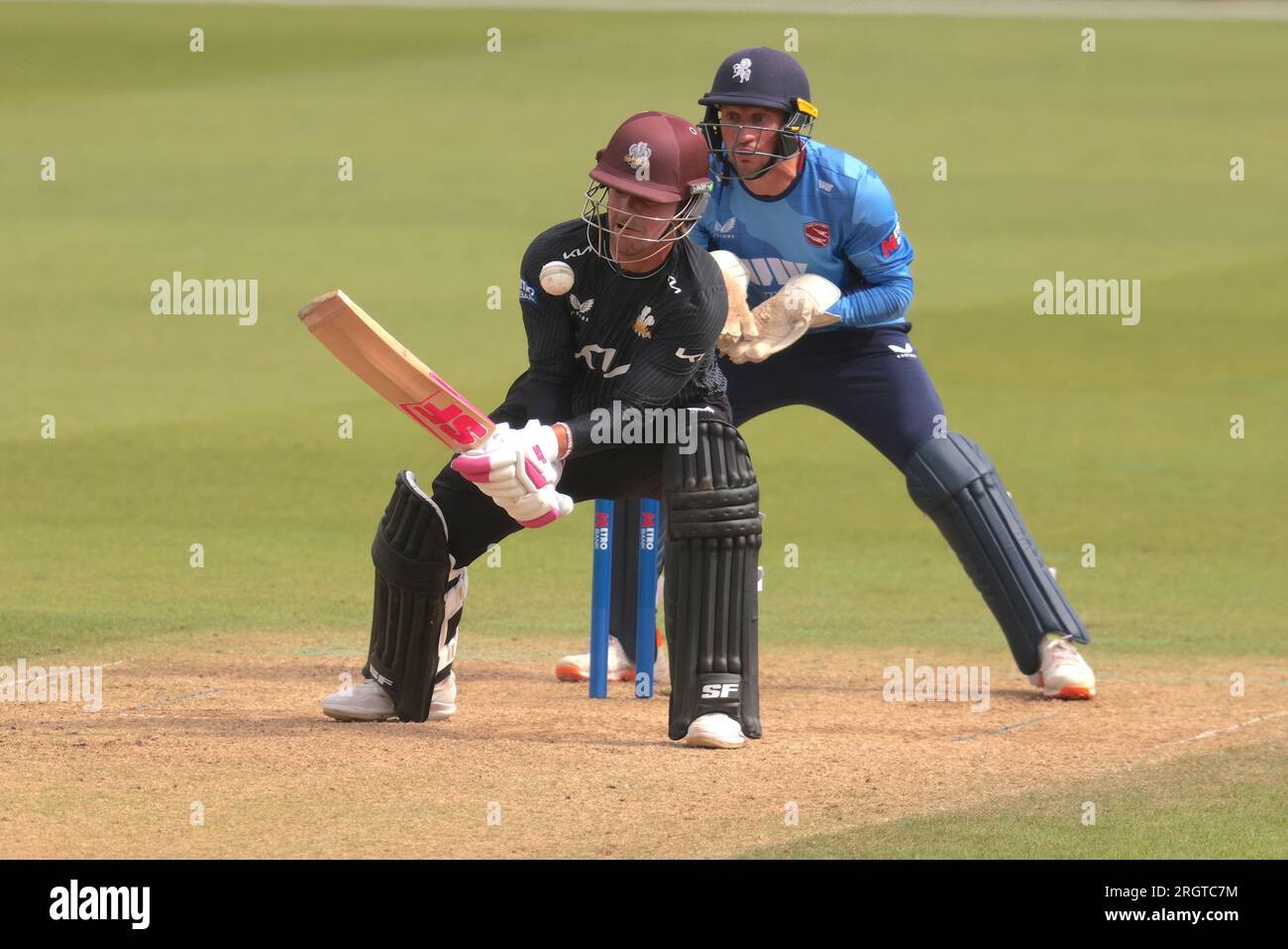 London, UK. 11th Aug, 2023. Surrey's Rory Burns takes a hit after getting his scoop shot wrong as Surrey take on Kent in the Metro Bank One-Day Cup at the Kia Oval. Credit: David Rowe/Alamy Live News Stock Photo