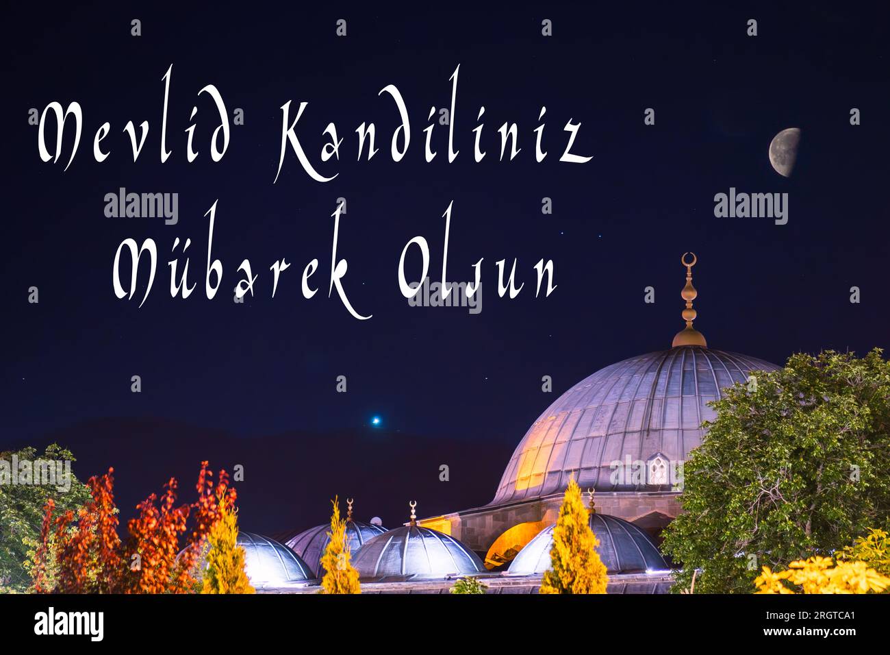 Mevlid Kandiliniz Mubarek Olsun. Lalapasa Mosque and half moon . text in the picture Have a Blessed Mawlid. Stock Photo