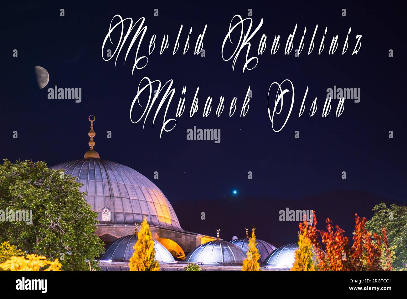 Mevlid Kandiliniz Mubarek Olsun. Lalapasa Mosque and half moon . text in the picture mawlid oil lamp Stock Photo