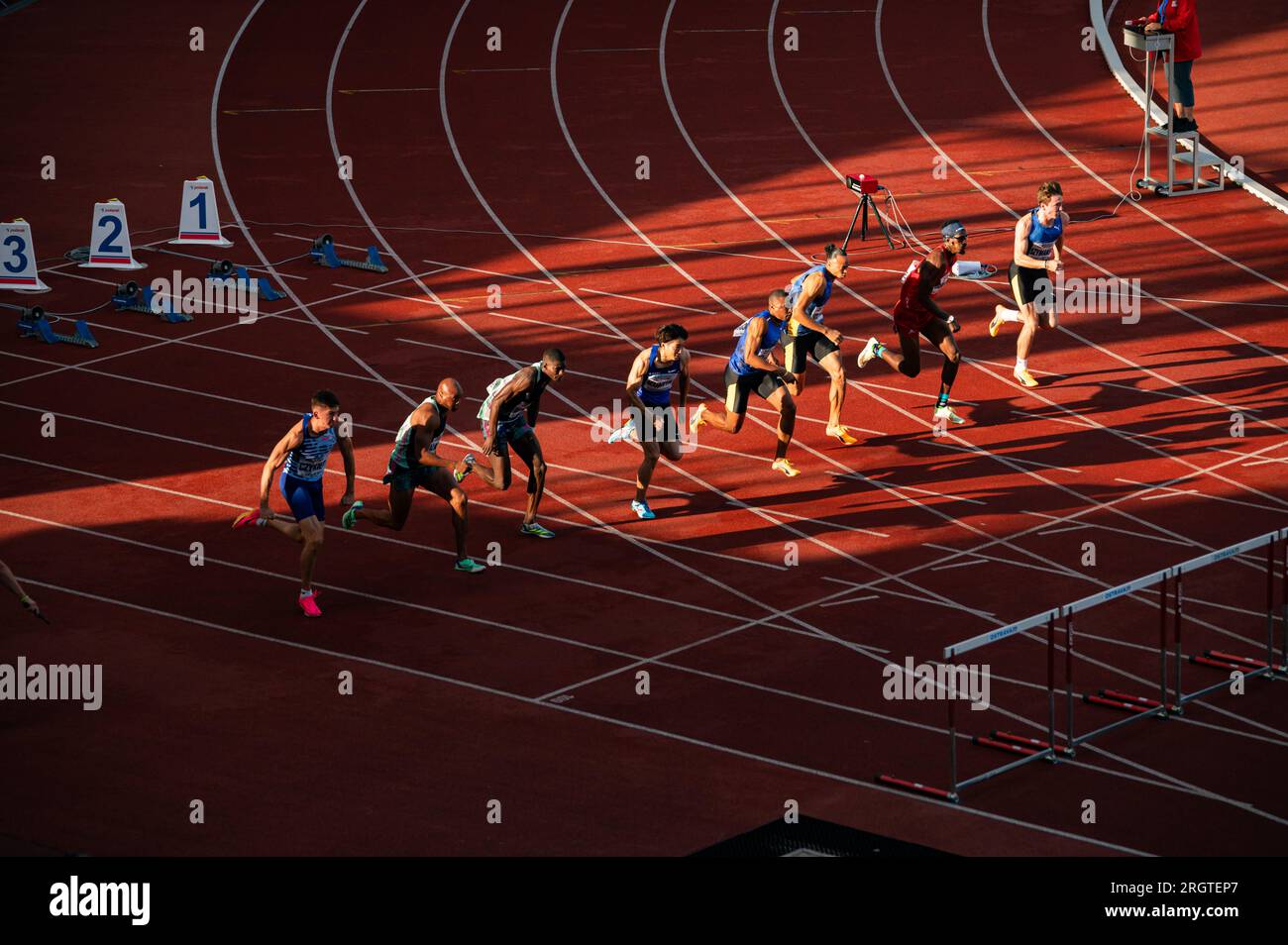 OSTRAVA, CZECHIA, JUNE 27, 2023: 110m Hurdles Race Captured in Track and Field Meet for Worlds in Budapest and Games in Paris Stock Photo