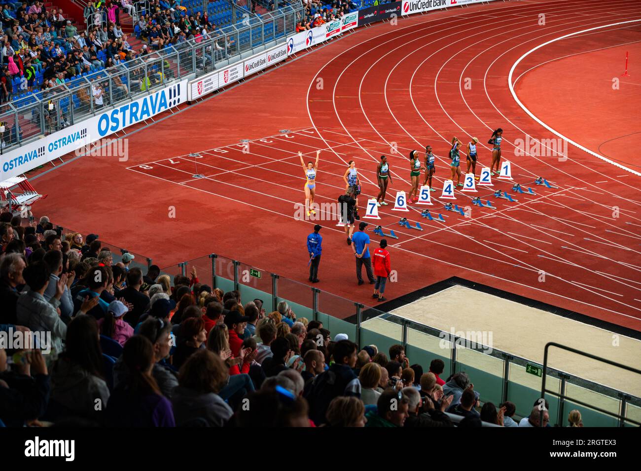 OSTRAVA, CZECHIA, JUNE 27, 2023: Female Sprinters at 100m Hurdles Race Start Line in Track and Field Event for Worlds in Budapest and Games in Paris Stock Photo