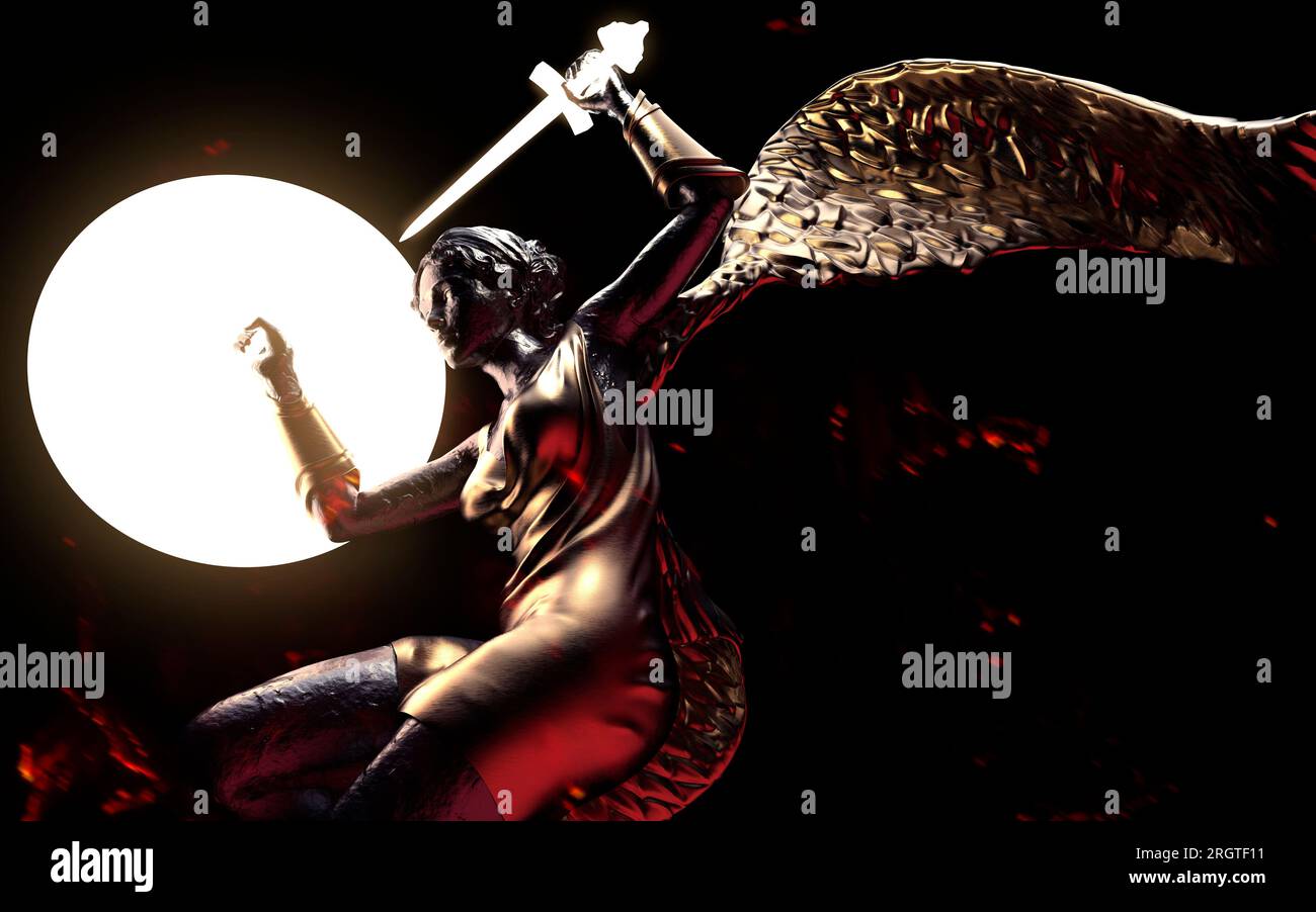 3d render illustration of antique golden female warrior angel statue