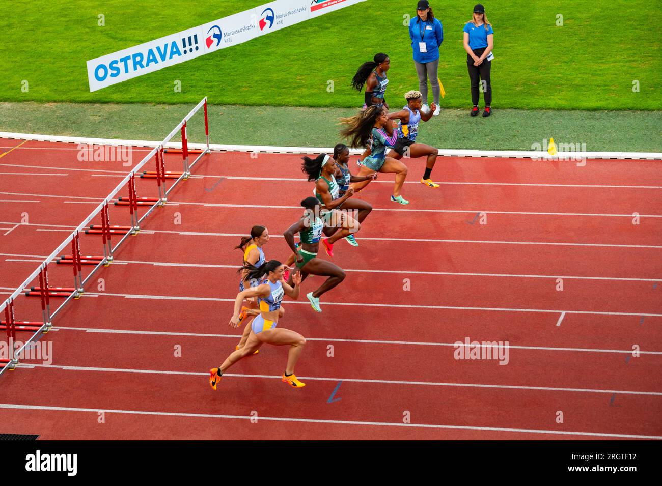 OSTRAVA, CZECHIA, JUNE 27, 2023 Female Sprinters Race the 100m Hurdles