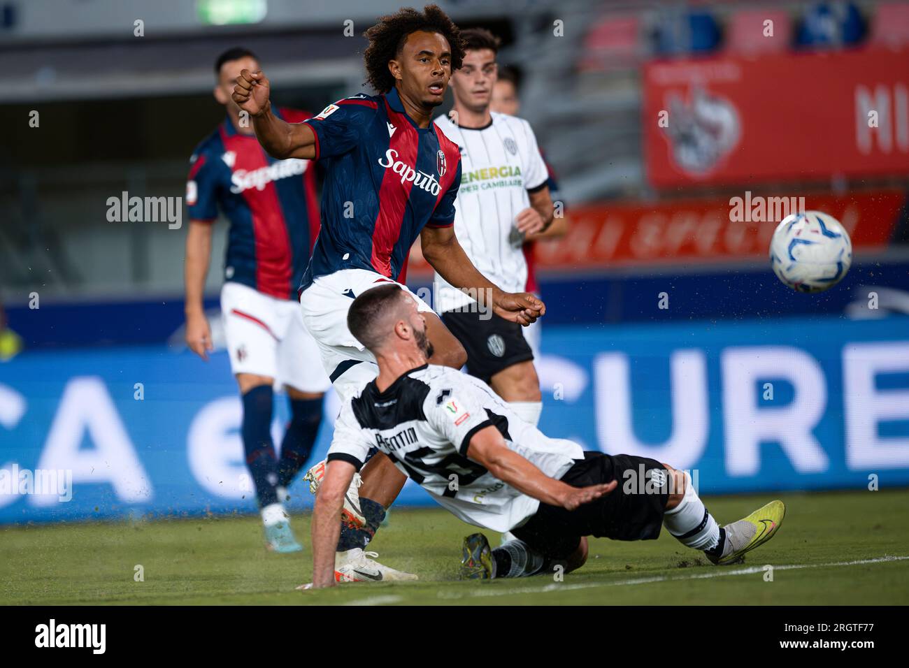 Bologna, Italy. 11 August 2023. Joshua Zirkzee of Bologna FC scores a goal during the Coppa Italia Frecciarossa football match between Bologna FC and Cesena FC. Credit: Nicolò Campo/Alamy Live News Stock Photo