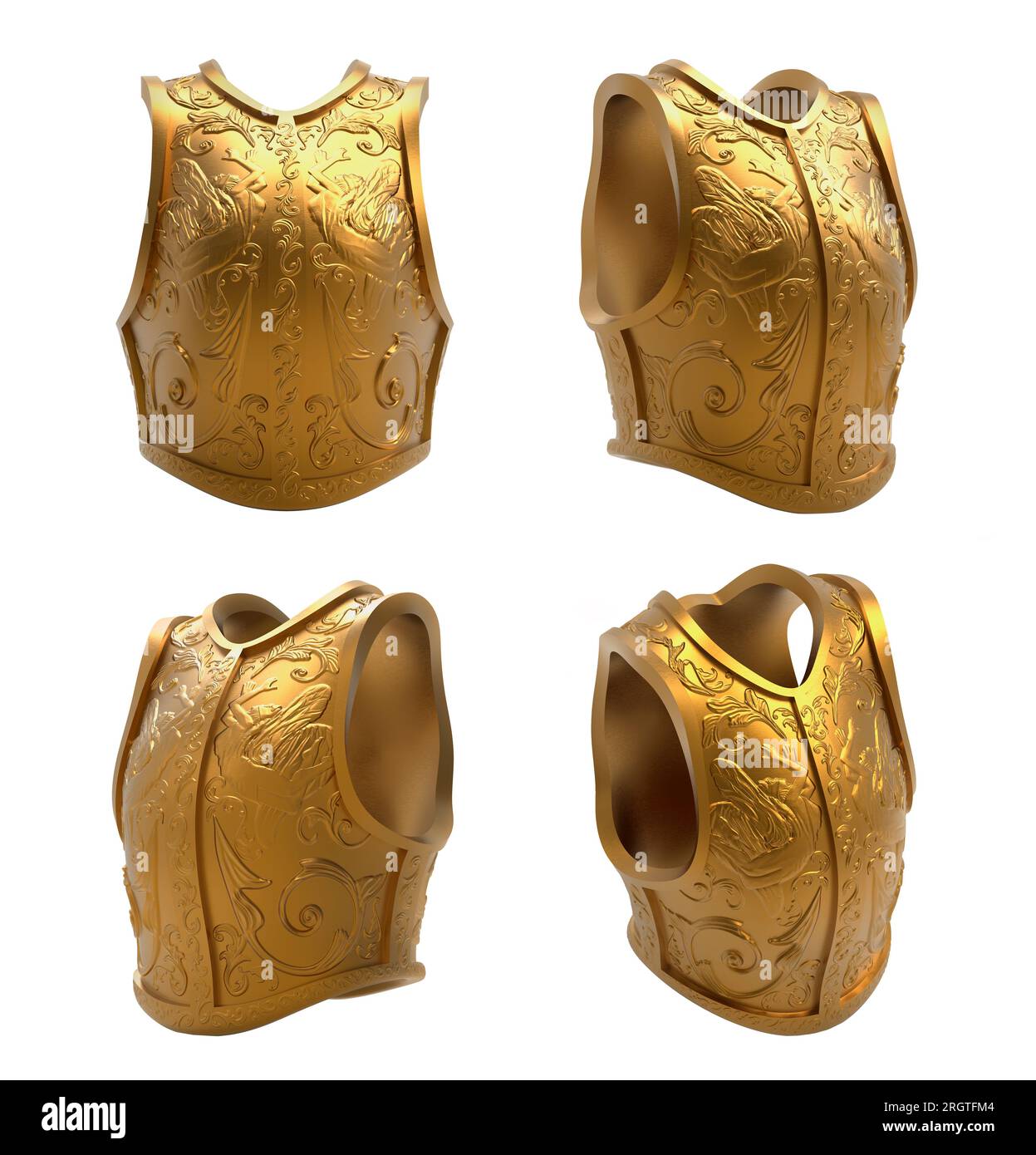 Isolated 3d render illustration of medieval golden warrior armor with ornaments and angel engravings. Stock Photo