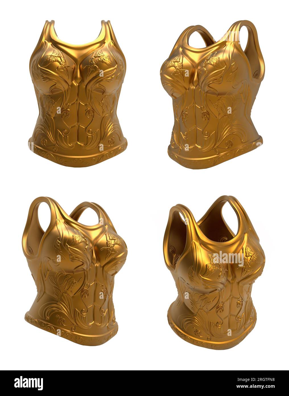 Isolated 3d render illustration of medieval golden female warrior armor with ornaments and angel engravings. Stock Photo