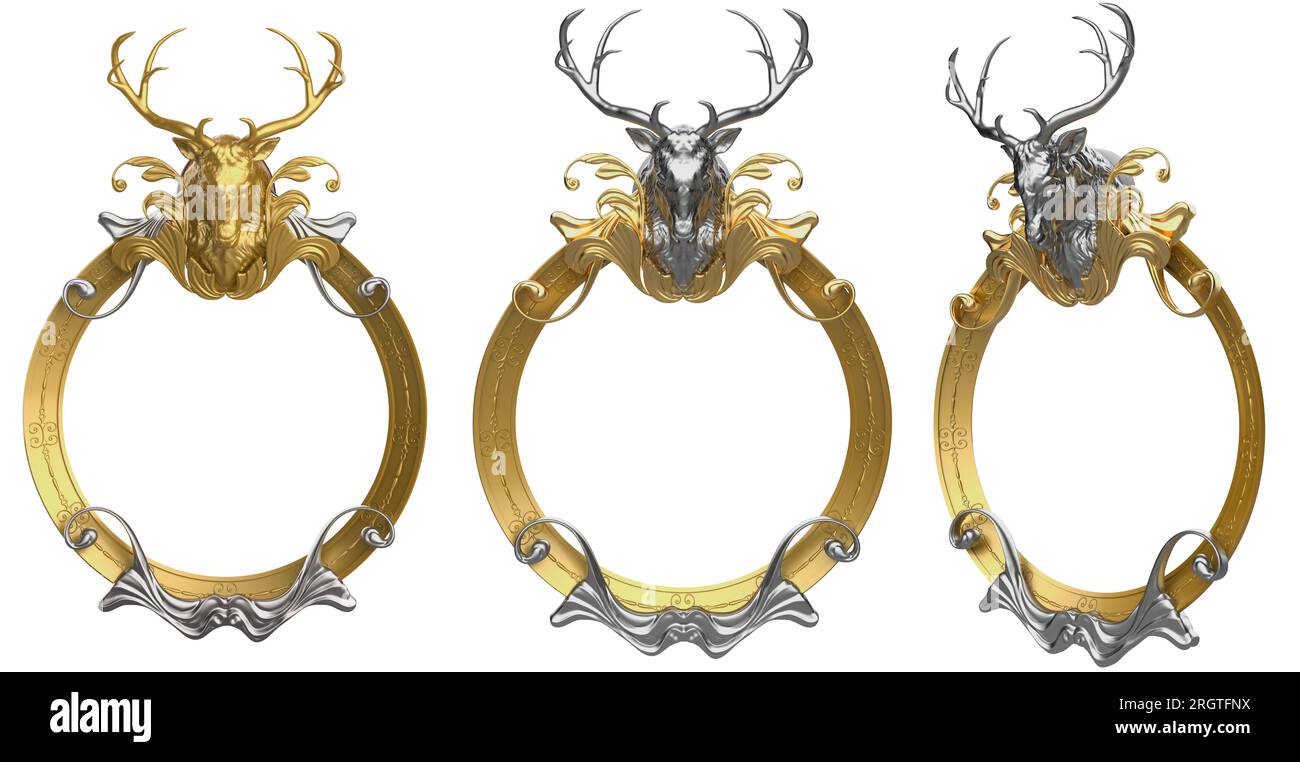 Isolated 3d render illustration of baroque style golden frame with silver deer head on white background. Stock Photo