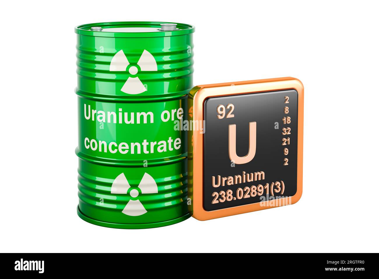Green drums full of uranium ore with chemical element icon uranium U