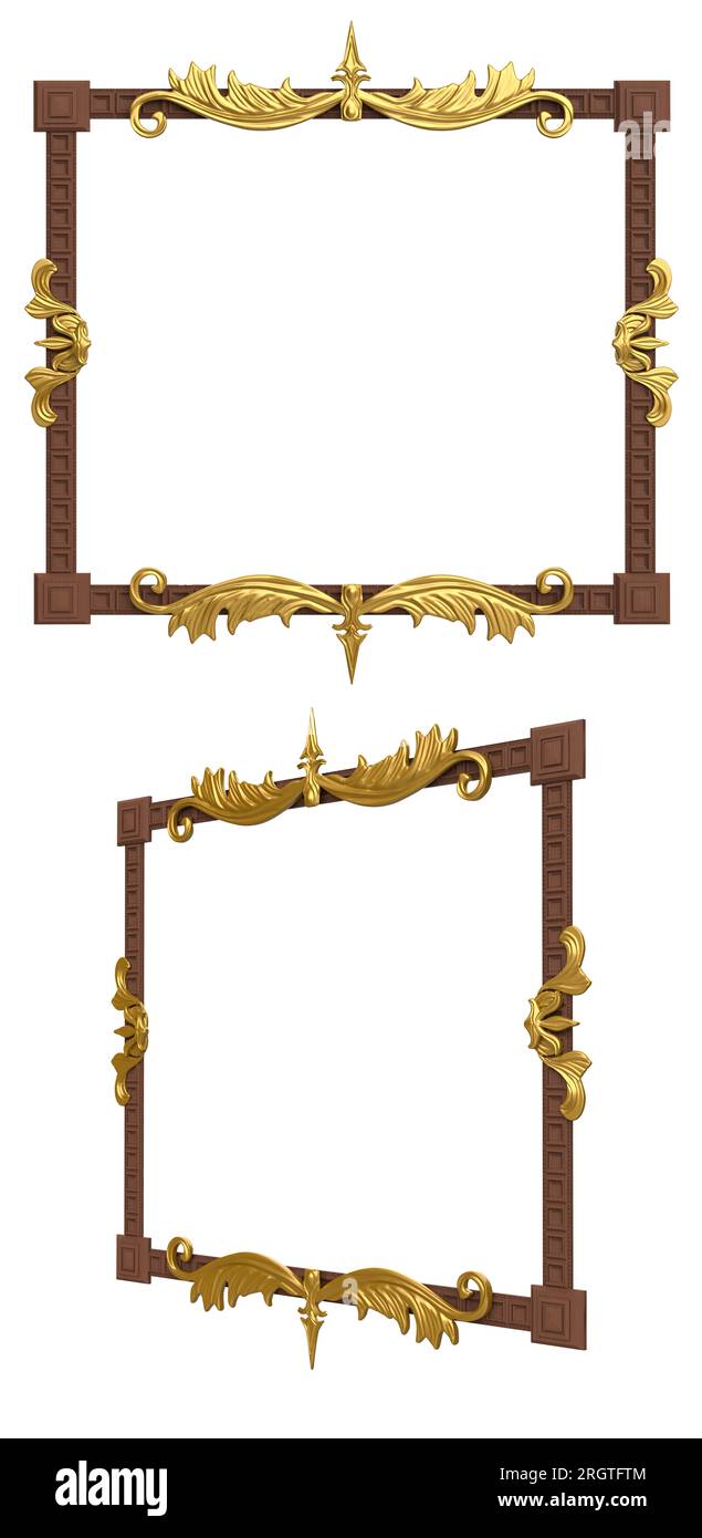 Isolated 3d render illustration of wooden baroque style picture frame with golden floral ornaments, front and 3/4 view. Stock Photo
