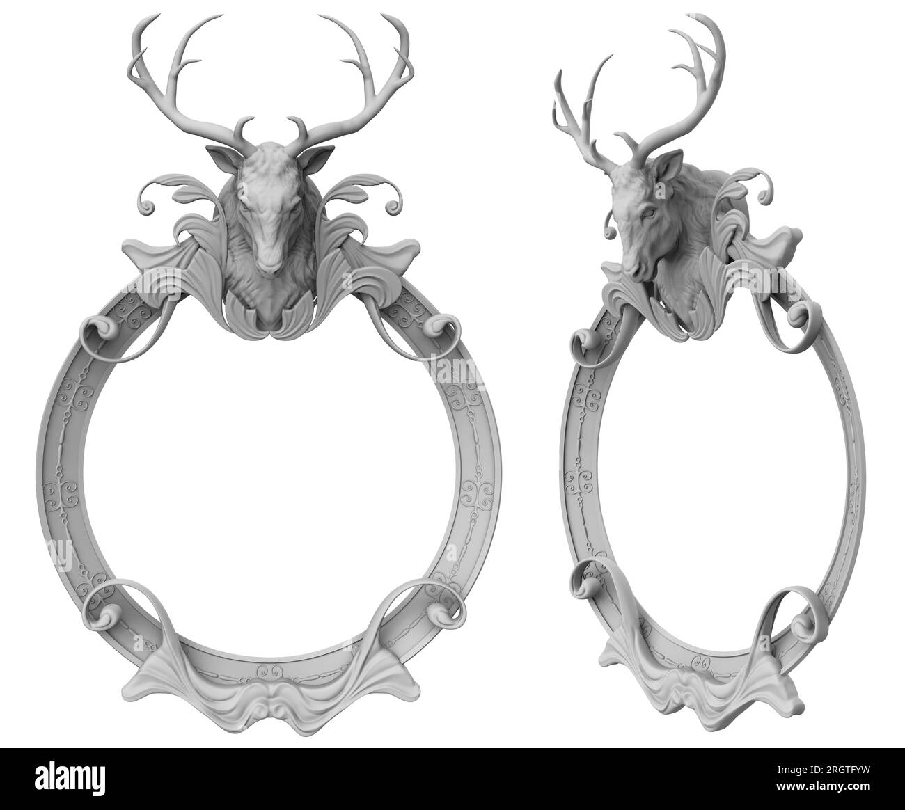 Isolated 3d render illustration of baroque style clay frame with deer head on white background. Stock Photo