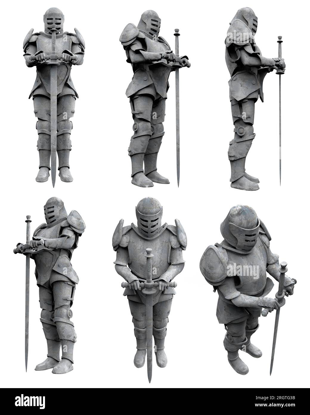 Isolated 3d render illustration of stone sentinel or guardian medieval armored knight statue with sword in various angles. Stock Photo