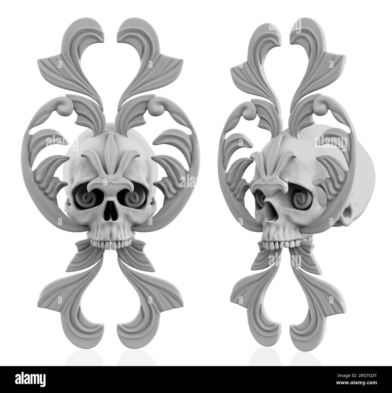Isolated 3d render illustration of clay gothic baroque ornate skull, gray colored in various angles. Stock Photo