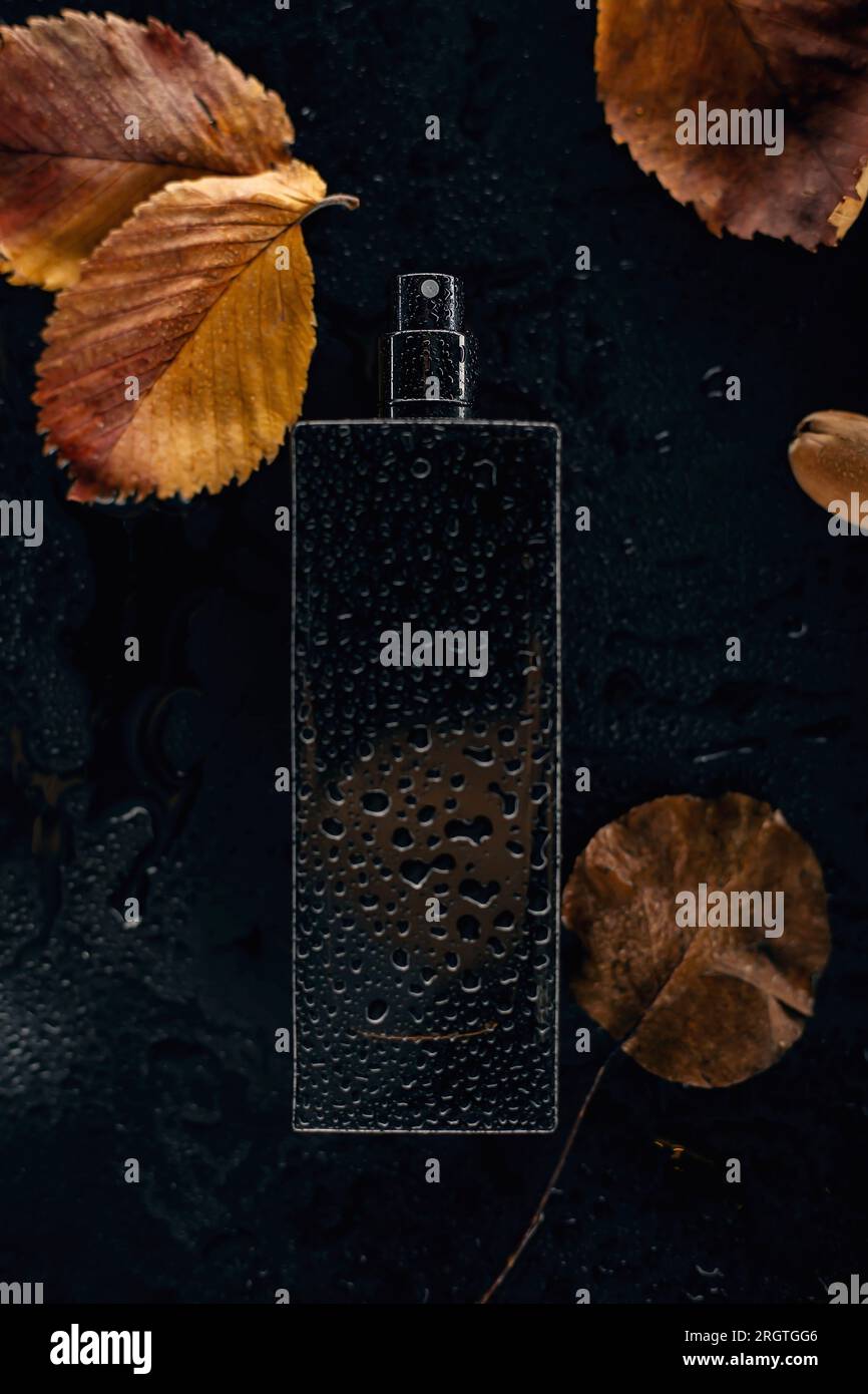 female wet perfume on grey table Stock Photo