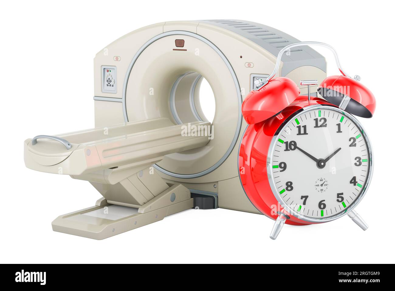 MRI or PET scanner with alarm clock, 3D rendering isolated on white