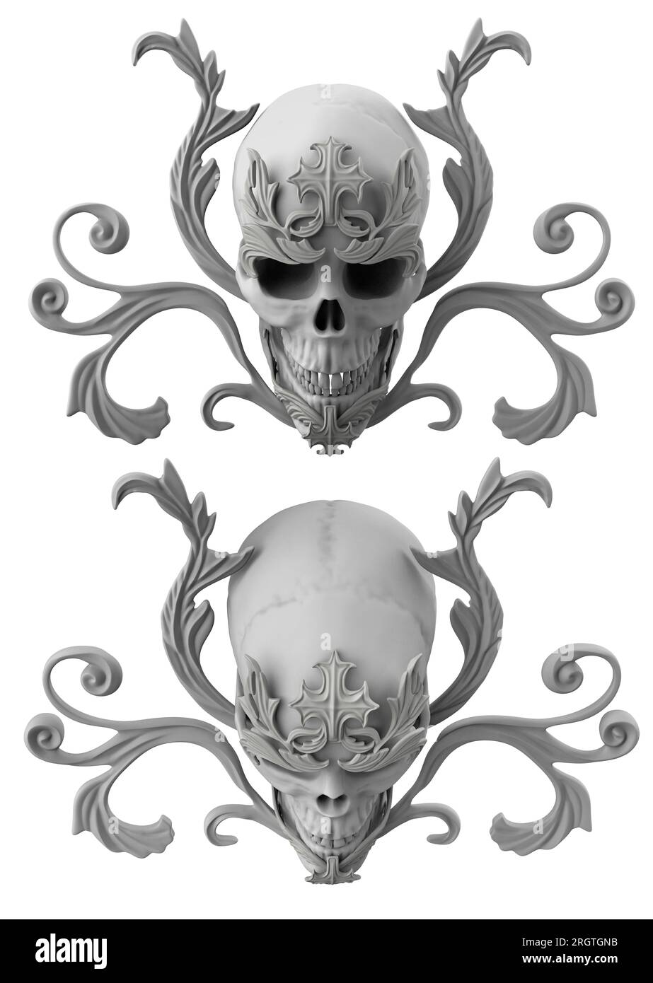Isolated 3d render illustration of clay gothic baroque ornate heraldic skull in various angles. Stock Photo