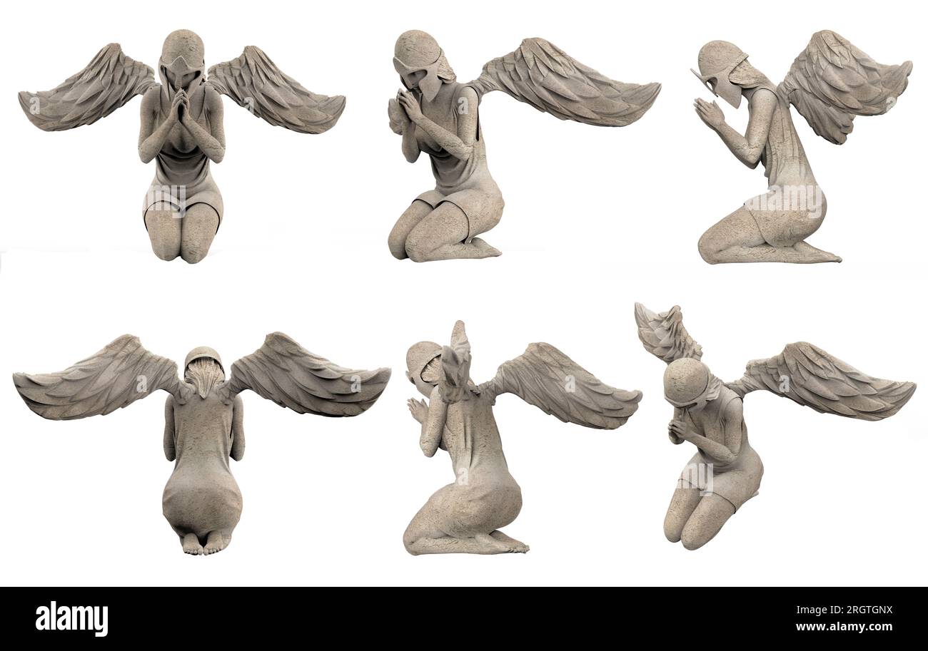 Isolated 3d render illustration of antique stone warrior angel statue in praying pose, various angles. Stock Photo