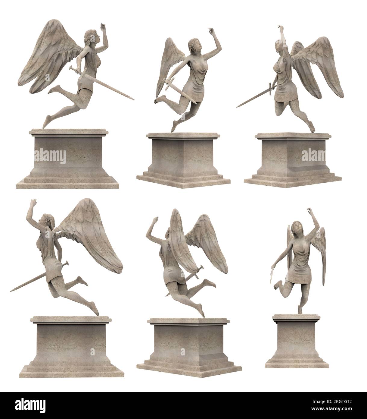Isolated 3d render illustration of antique ancient stone flying angel warrior statue on pedestal holding sword, various angles. Stock Photo