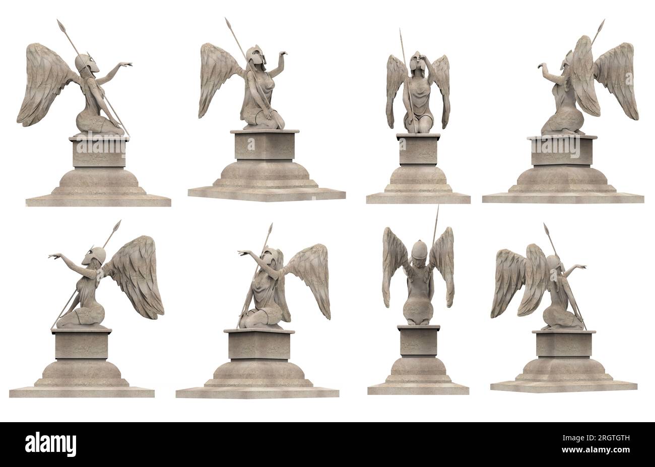 Isolated 3d render illustration of antique ancient stone guardian angel warrior statue on pedestal sitting with spear, various angles. Stock Photo